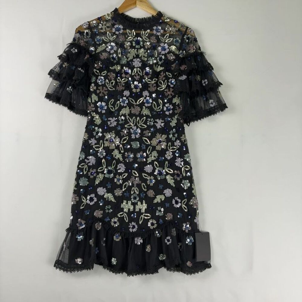 Needle & Thread Black Floral Sequin Tiered Sleeve Maxi Dress
